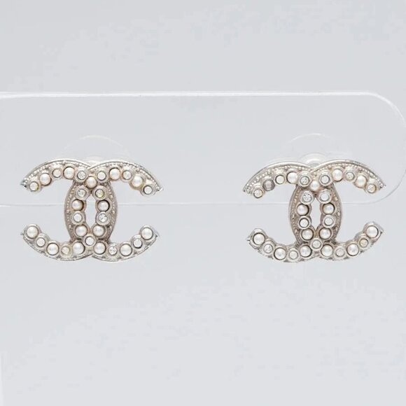 Chanel Silver Metal Faux Pearl and Crystal CC Stud Earrings - Picture 1 of 6